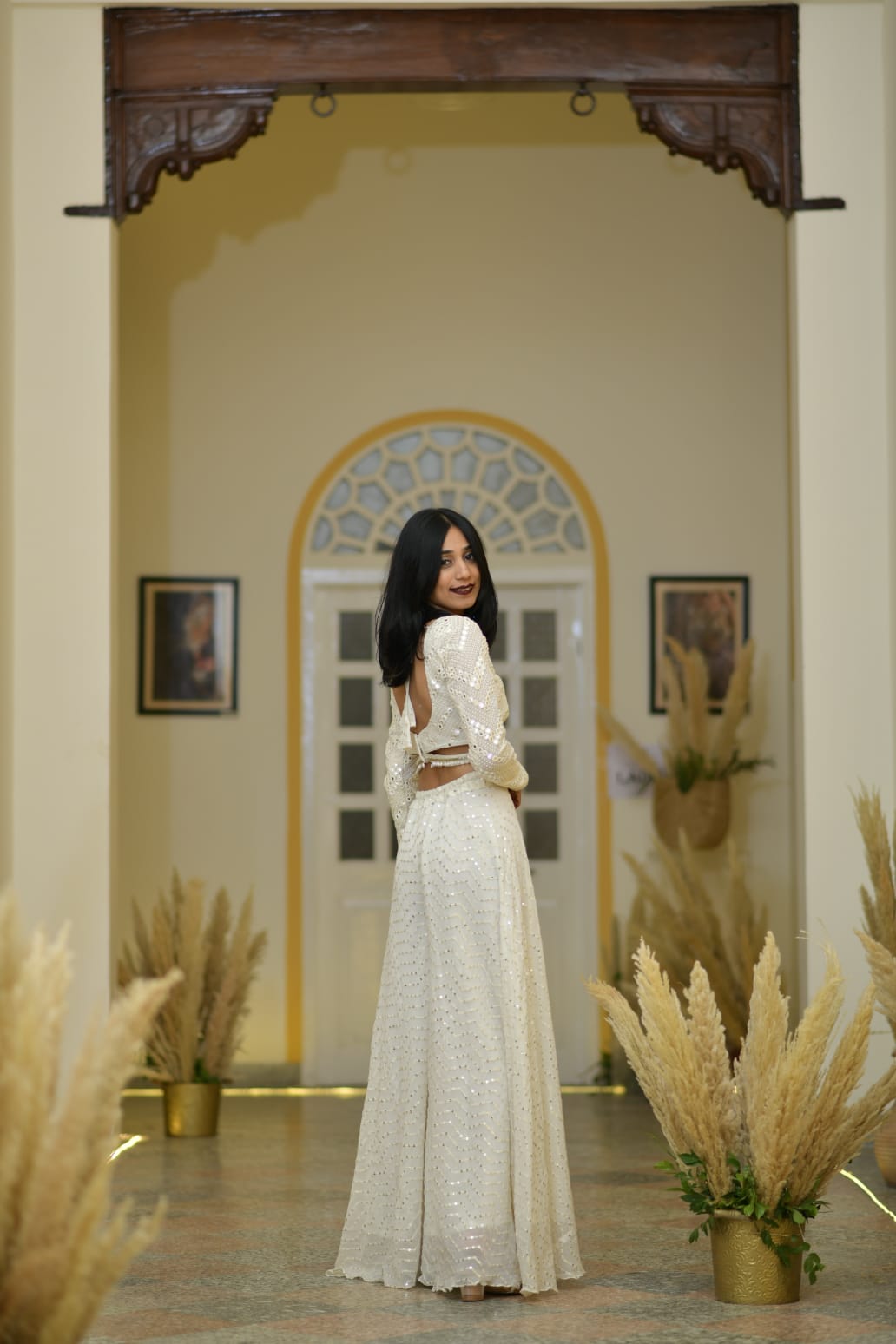 Full sleeve side cut crop top with flared Plazo cum Sharara