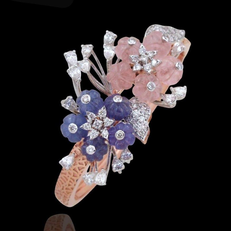 Stunning diamond bracelet surrounded by sparkling fancy shape natural diamonds And tourmalines and tanzanite