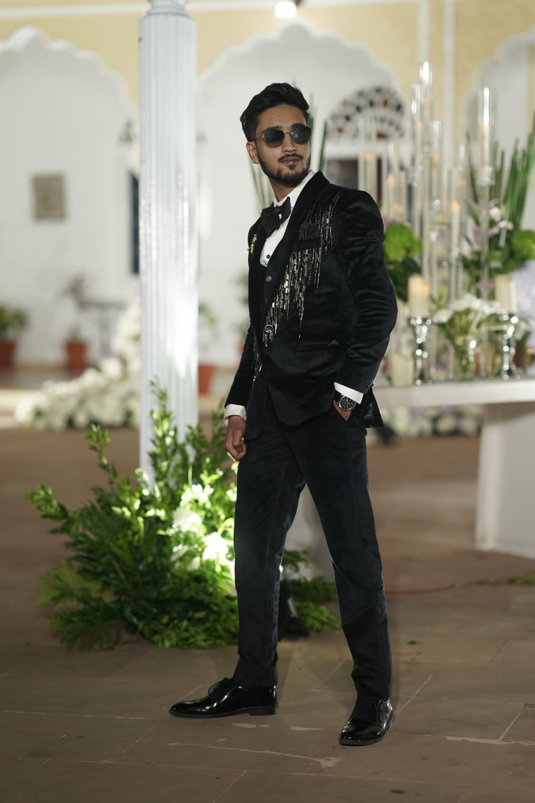 Men jade black suede handwork suit