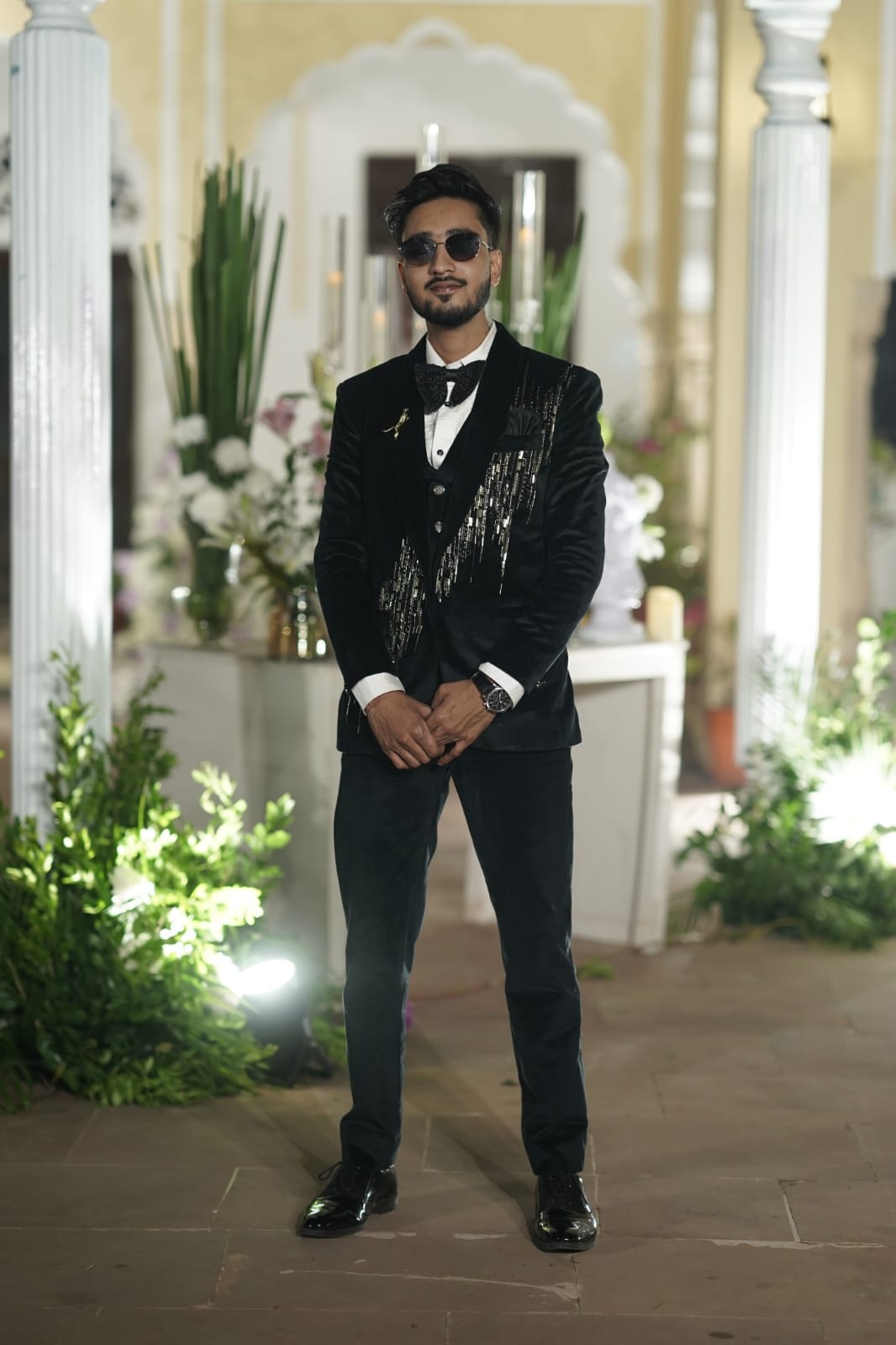 Men jade black suede handwork suit
