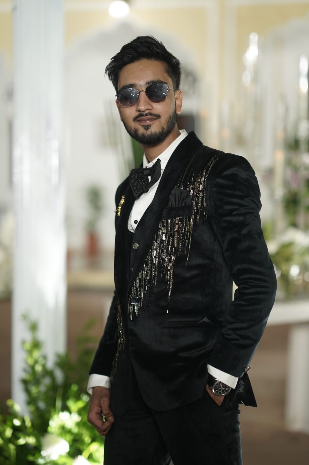 Men jade black suede handwork suit
