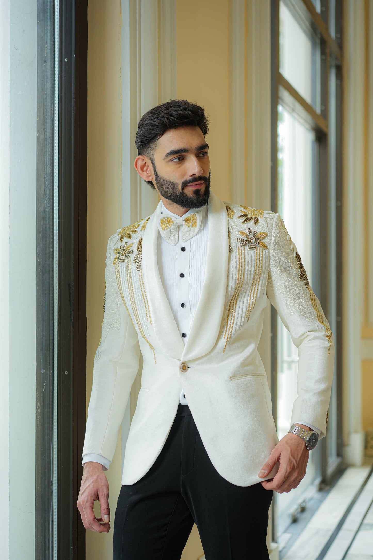 Men suits - White handwork embellished tuxedo
