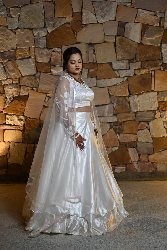 White Lehenga with hand embroidered blouse