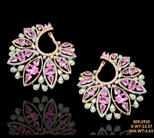 Stunning pair with brilliant fancy shape natural diamonds studded with pink sapphire in 14kt gold