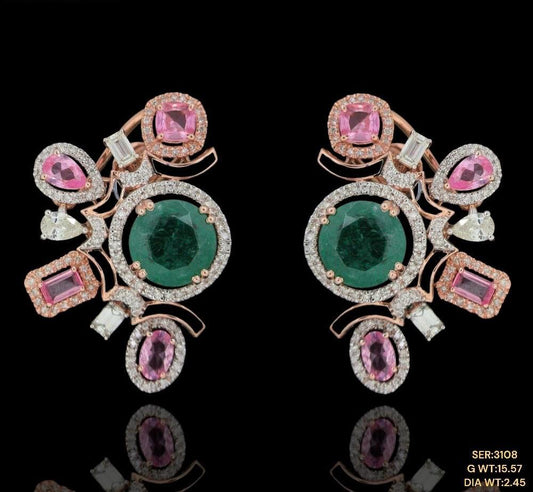 Elegant 14kt gold stud earing showcasing a radiant gemstones framed by shimmering natural diamonds