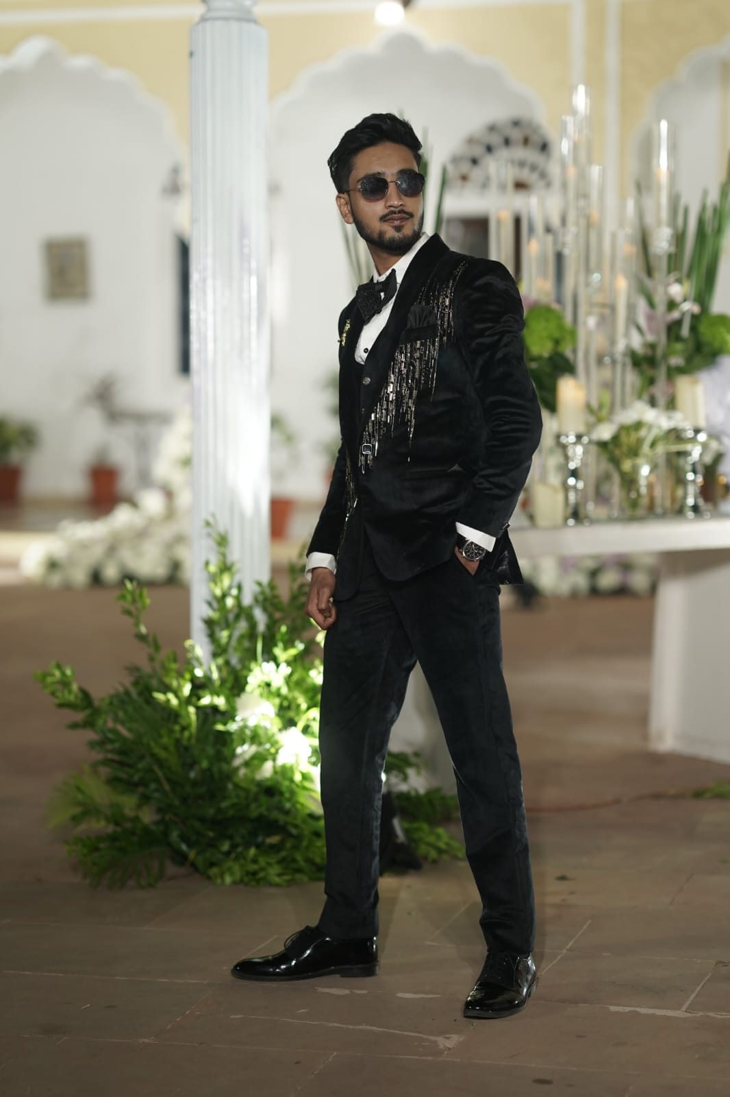 Men jade black suede handwork suit